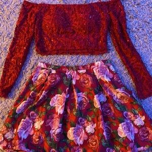 Red floral 2 piece homecoming dress